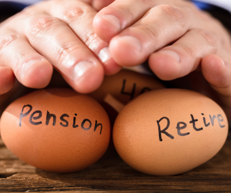 Mans hands covering eggs titled pension, retire, 401k.