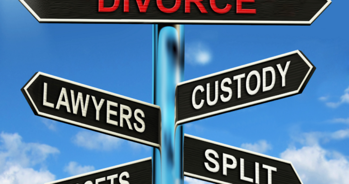 Sign that says divorce, lawyers, custody, assets, split