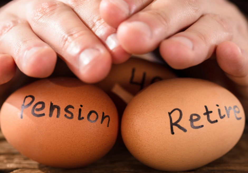 Mans hands covering eggs titled pension, retire, 401k.