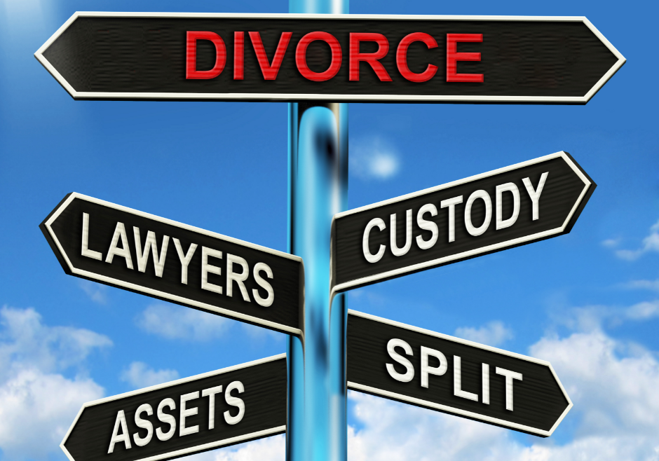 Sign that says divorce, lawyers, custody, assets, split